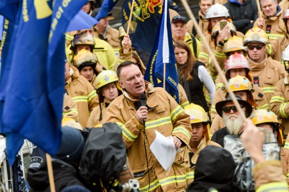 United Firefighters Union secretary Peter Marshall speaking at a rally outside parliament in 2016.